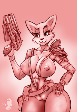 abs anthro armor athletic big_breasts breasts camel_toe cleavage clothed clothing female gun hand_on_hip holding_object holding_weapon huge_breasts jumpsuit muscular navel nipple_outline ranged_weapon simple_background skinsuit solo spaulder thick_thighs tight_clothing unzipped vault_suit weapon wide_hips zipper verakultura fallout microsoft prequel_adventure the_elder_scrolls katia_managan domestic_cat felid feline felis khajiit mammal absurd_res hi_res monochrome