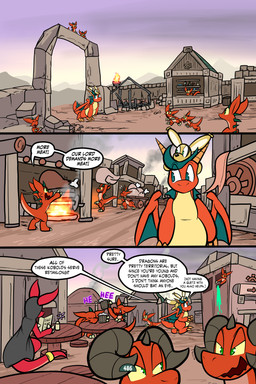2_horns 3_panel_comic ambiguous_gender belly biped black_text brown_body bucket chair claws container cooking day dialogue exclamation_point eyes_closed finger_claws fire flower food furniture green_eyes group holding_bucket holding_container holding_menu holding_object horn looking_at_another meat menu on_chair open_mouth open_smile orange_body outside page_number plant question_mark red_body sharp_teeth sitting sitting_on_chair sky smile smoke speech_bubble standing store table talking_to_another teeth text toe_claws tongue toony town walking water white_sclera window wings yawn yellow_sclera virmir mythology roko_kirihoko saida canid canine dragon fox kobold mammal mythological_creature mythological_scalie scalie 2026 2:3 absurd_res comic english_text hi_res signature female_(lore) male_(lore)
