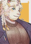 anthro blonde_hair blue_eyes braided_hair clothing fur hair jacket male muscular muscular_anthro muscular_male solo sweater topwear white_body white_fur igarashi_ta lifewonders live_a_hero astosis felid lion mammal pantherine hi_res