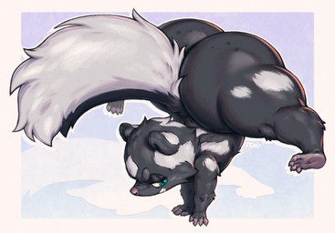 angry anthro ass_up big_butt big_tail black_body black_fur bottom_heavy butt claws fluffy fluffy_tail freckled_butt freckles fur green_eyes half-closed_eyes handstand huge_butt male multicolored_body multicolored_fur narrowed_eyes short_stack simple_background solo spots tail thick_thighs toe_claws white_body white_fur wide_hips yellow_sclera bitfly mammal mephitid skunk spotted_skunk absurd_res hi_res signature