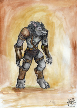 anthro armor clothed clothing facial_scar fangs fur grey_body grey_fur head_tuft logo male scar solo standing teeth tuft kola_(artist) mythology canid canine mammal mythological_canine mythological_creature werecanid werecanine werecreature werewolf 2013 artist_logo dated full-length_portrait portrait traditional_media_(artwork)