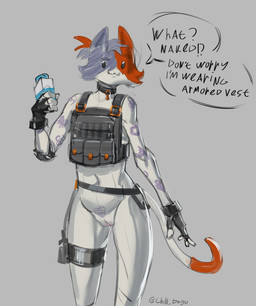 anthro armored_vest biped bodily_fluids female female_anthro genital_fluids genitals half_naked solo speech_bubble standing vaginal_fluids vulva chilldog epic_games fortnite cate_meowdy domestic_cat felid feline felis mammal hi_res sketch