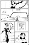 anthro black_and_white clothed clothing collar comic david_a_cantero dress english_text female genus hair hi_res mammal monochrome mouse murid murine mystery pen_(artwork) rat_maze rodent sign stairs text traditional_media_(artwork)