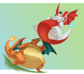 ambiguous_gender belly big_belly big_moobs cape cape_only claws clothing duo falling feral finger_claws fire flaming_tail flying half-closed_eyes huge_belly light membrane_(anatomy) membranous_wings moobs morbidly_obese morbidly_obese_feral mostly_nude narrowed_eyes obese obese_feral open_mouth orange_body overweight overweight_feral red_belly scared simple_background standing tail tailbutt thick_arms thick_tail thick_thighs toe_claws white_body white_claws wide_crotch wide_hips wings yellow_belly biglovealicia mythology nintendo pokemon drake_(drake135) charizard dragon generation_1_pokemon mythological_creature mythological_scalie pokemon_(species) scalie 2019 absurd_res full-length_portrait hi_res lighting portrait shaded signature