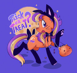 bent_legs black_bow black_bow_tie black_knee_socks blonde_mane blue_background bow_tie candy candy_bucket cutie_mark dessert dialogue eyelashes fake_cat_ears fake_ears female female_feral feral food fur holidays light lollipop long_mane long_tail mane moon multicolored_mane open_mouth open_smile orange_body orange_fur purple_eyes purple_mane quadruped question_mark red_mouth simple_background smile solo star_(shape) tail text two_tone_mane two_tone_tail walking yellow_tail themagicbrew halloween hasbro mlp_g3 my_little_pony pumpkin_tart_(mlp) earth_pony equid equine horse mammal pony 2022 colored digital_drawing_(artwork) digital_media_(artwork) english_description english_text full-length_portrait hi_res lighting portrait shaded
