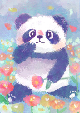 biped black_body black_eyes black_nose chibi flower kemono paws plant sitting solo text white_body araru bear giant_panda mammal 2021 absurd_res english_text hi_res