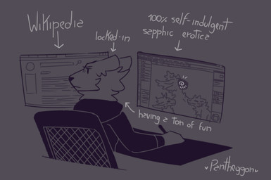 antennae_(anatomy) anthro blush blush_lines breasts browser chair clothed clothing computer computer_monitor desk desktop_computer drawing_program drawing_stylus electronics female female/female feral frown fur furniture group hoodie monitor multi_ear nude office_chair resting_bitch_face shitpost simple_background small_breasts smile solo spiral spiral_eyes table text topwear trio pantheggon wikipedia arabella_(pantheggon) gabriel_(pantheggon) ivory_(pantheggon) canid canine canis mammal wolf 2026 digital_drawing_(artwork) digital_media_(artwork) english_text meme signature