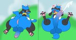 ambiguous_gender anthro anus backsack balls balls_on_tail big_anus big_balls big_butt big_penis black_feet blue_balls blue_body blue_butt blue_fur blue_perineum bodily_fluids butt butt_grab cum cumshot darkened_balls darkened_genitalia darkened_penis digitigrade disembodied_hand duo ejaculation eyes_closed feet foreskin fur genital_fluids genitals half-closed_eyes hand_on_butt heart_symbol huge_penis humanoid_genitalia long_penis male male/ambiguous male_focus narrowed_eyes open_mouth orgasm_face partially_retracted_foreskin pawpads penetration penile penile_penetration penis penis_backwards perineum pink_pawpads red_eyes solo_focus tail toes tongue tongue_out two_panel_image coolbirdmanstuff nintendo pokemon pokemon_amie generation_4_pokemon pokemon_(species) riolu 2024 colored digital_drawing_(artwork) digital_media_(artwork) hi_res