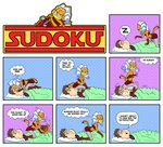 anthro awake bed butt butt_smack clawing dialogue duo female furniture fusion male motion_lines parody sleeping speech_bubble text thought_bubble q_donut garfield_(series) mad_(series) star_wars star_wars:_the_clone_wars ahsoka_tano anakin_skywalker garfield_the_cat jon_arbuckle manakin_(mad) sudoku_(mad) domestic_cat felid feline felis human mammal 2021 comic crossover english_text hi_res