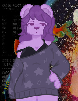 anthro bra clothing female hair hand_on_hip purple_body purple_hair solo sweater topwear underwear rockinratz in_rainbows radiohead lilly_(lillithreal) mammal mephitid skunk