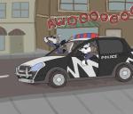 anthro awoo brown_body brown_fur car clothed clothing detailed_background driving duo eyewear fur howl inside_car inside_vehicle male outside police police_uniform sunglasses text uniform vehicle white_body white_fur anothercolouranon disney zootopia officer_grizzoli officer_wolfard canid canine canis mammal wolf english_text hi_res