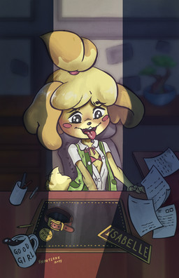 accessory ahegao anthro beady_eyes beverage biped black_eyes black_nose blush blush_stickers bow_(feature) bow_tie bra buckled_collar clothing coffee coffee_mug collar collar_tag container cup desk female flat_chested floppy_ears fur fur_tuft furniture hair_accessory hair_tie head_tuft looking_pleasured masturbation mug multicolored_body multicolored_fur nameplate obscured_masturbation print_container print_mug shaking solo spilling spilling_drink string_bow string_bow_tie table text_on_container text_print tongue tongue_out trembling tuft underwear white_body white_fur yellow_body yellow_fur snoutless animal_crossing nintendo isabelle_(animal_crossing) canid canine canis domestic_dog mammal shih_tzu toy_dog 2019 absurd_res hi_res