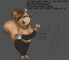 annoyed anthro bracelet brown_body brown_fur brown_hair buckteeth clothing dark_clothing dessert ear_piercing eyeliner female food fur glistening glistening_body group hair half-closed_eyes ice_cream jewelry long_hair makeup mature_female narrowed_eyes neck_tuft piercing squirrel_tail teeth text thick_thighs topwear trio tuft mamasoyanini background_character mammal rodent sciurid tree_squirrel colored english_text sketch