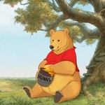 2019 anthro bear bearhybrid bottomless bottomless_anthro bottomless_male claws clothed clothing disney feral food fur holding_jar holding_object honey_(food) honey_jar male mammal mostly_nude mouth_closed paws pooh_bear red_clothing red_shirt red_topwear shirt shirt_only signature sitting smile solo topwear topwear_only winnie_the_pooh_(franchise) yellow_body yellow_fur