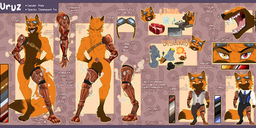 alternative_fashion anthro bared_teeth brown_body brown_fur clothing corset fluffy fluffy_tail fur gore heterochromia lingerie looking_at_viewer male orange_body orange_fur prosthetic prosthetic_arm prosthetic_leg prosthetic_limb solo steampunk steampunk_goggles suit tail teeth text topwear uruz_fox canid canine fox mammal absurd_res english_text hi_res model_sheet