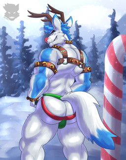 anthro antlers blue_body blue_eyes blue_fur butt candy candy_cane clothed clothing dessert food fur harness horn jockstrap jockstrap_only looking_at_viewer male muscular muscular_anthro muscular_male naughty_face outside presenting presenting_hindquarters red_nose solo tail topless underwear underwear_only white_body white_fur deimos_wolf_(artist) u-235 deer mammal new_world_deer reindeer absurd_res digital_media_(artwork) hi_res
