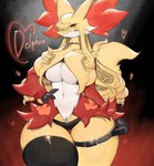absurd_res anthro big_breasts bottomwear breasts camel_toe canid canine clothed clothing collar delphox female fur generation_6_pokemon hair hi_res inner_ear_fluff legwear looking_at_viewer mammal nintendo pokemon pokemon_(species) presenting red_body red_eyes red_fur simple_background solo standing stockings tail thick_thighs thigh_belt thigh_gap togetoge tuft white_body white_fur wide_hips yellow_body yellow_fur