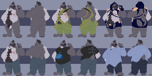 anthro balls belly_hair black_clothing black_harness black_penis black_shirt black_t-shirt black_topwear blue_bottomwear blue_clothing blue_hood blue_pants blue_shirt blue_topwear body_hair bottomwear chest_hair clothed clothing flaccid front_view fur genitals green_bottomwear green_clothing green_pants grey_body grey_fur harness humanoid_genitalia humanoid_penis male nipples nude obese obese_anthro obese_male overweight overweight_anthro overweight_male pants penis pink_nipples pubes rear_view shirt simple_background smile solo standing t-shirt tail topless topwear white_balls white_body white_fur chocolateandmilk pander_(lostpander) bear mammal 2020 absurd_res dated hi_res model_sheet multiple_versions signature