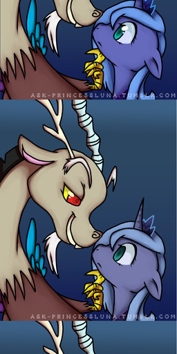 antlers armor blue_hair corruption crown facial_hair feathered_wings feathers female feral gradient_background hair headgear helmet horn hug long_hair male membrane_(anatomy) membranous_wings red_eyes simple_background wings ambunny friendship_is_magic hasbro my_little_pony mythology tumblr discord_(mlp) nightmare_moon_(mlp) princess_luna_(mlp) chimera draconequus equid equine mammal mythological_creature mythological_equine winged_unicorn absurd_res comic hi_res long_image tall_image