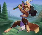 2017 anthro biped breasts canid canine canis clothed clothing digital_media_(artwork) domestic_dog female hair mammal melee_weapon nipples reign-2004 shaded short_stack solo sword topless weapon