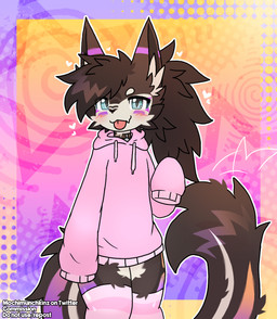 ambiguous_gender anthro blep blush blush_lines brown_hair clothing collar fur fur_markings hair hoodie legwear looking_at_viewer markings motion_lines multicolored_body multicolored_fur oversized_clothing oversized_hoodie oversized_topwear solo thigh_highs tongue tongue_out topwear mochimunchkinz mythology nyx_(hiijax) dragon furred_dragon furred_scalie mythological_creature mythological_scalie scalie 2026 absurd_res digital_media_(artwork) hi_res