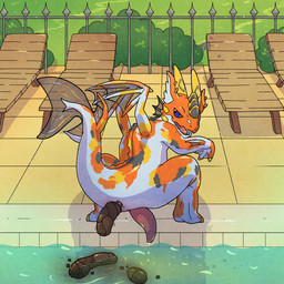 anus arm_fin bodily_fluids butt feces feet fin genital_fluids genitals horn looking_at_viewer looking_back male male_peeing male_pooping membrane_(anatomy) orange_body peeing peeing_into_pool penis poolside pooping pooping_into_pool pooping_into_water presenting presenting_anus smile smiling_at_viewer smirk smirking_at_viewer solo swimming_pool tail tail_fin toes urine urine_drip water watersports webbed_feet webbed_hands wings yellow_horn argon_vile mythology amur_carp aquatic carp cyprinid cypriniform dragon fish koi mythological_creature mythological_scalie scalie typical_carp 1:1 hi_res