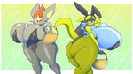 anthro big_breasts blue_body blue_fur blush breasts bunny_costume butt clothed clothing costume duo female fur huge_breasts hyper hyper_breasts nipples simple_background smile white_body white_fur thiccbuns nintendo pokemon canid canine canis cinderace domestic_dog generation_4_pokemon generation_8_pokemon lagomorph leporid lucario mammal pokemon_(species) rabbit digital_media_(artwork) hi_res