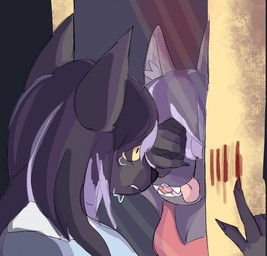 anthro bodily_fluids crying female fur hair purple_body purple_fur purple_hair solo tears bloowolfy stella_(bloowolfy) akita canid canine canis domestic_dog mammal spitz 2022 hi_res