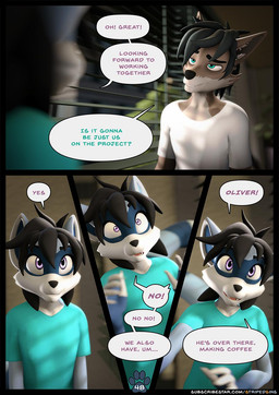 anthro black_hair blinds blue_body blue_fur brown_body brown_fur deadpan dialogue digitigrade duo electronics emo_haircut eye_bags female fur gesture hair humor male office panicking purple_eyes teal_eyes text tired_eyes willitfit striped_sins dray_(striped_sins) ryder_(striped_sins) canid canine canis mammal procyonid raccoon wolf 3d_(artwork) comic digital_media_(artwork) english_text hi_res