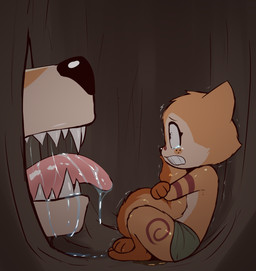 3_toes barefoot blush blush_stickers bodily_fluids bottomwear breasts clenched_teeth clothing constricted_pupils drooling duo feet female feral fluffy fluffy_tail freckles genital_fluids imminent_death knothole loincloth male markings peeing peril pupils ryona saliva scared shaking sharp_teeth sitting size_difference small_breasts small_pupils snout striped_markings striped_tail stripes tail tail_hug tail_markings teeth toes trembling tribal tribal_markings urine urine_pool welling_tears e254e mochi_(e254e) canid canine fox mammal rodent sciurid tree_squirrel absurd_res hi_res