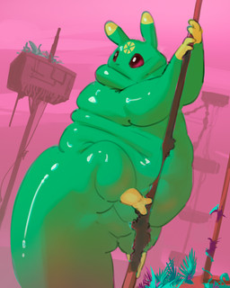 ambiguous_gender belly belly_squish big_belly big_tail black_eyes climbing dewlap_(anatomy) feral glistening glistening_body gloves_(marking) grass green_body huge_belly huge_tail leg_markings looking_back machine markings overweight pink_sky plant pole semi-anthro sky socks_(marking) solo squish tail citrusslugcat rain_world videocult citrus_(slugcat) slugcat 4:5