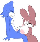 anthro arm_under_breasts belly big_breasts big_butt big_penis blue_body breast_play breasts butt duo eyes_closed eyewear eyewear_only female genitals glasses glasses_only male male/female nipples nude penis pink_body sex sitting smile titfuck vein veiny_penis wearing_glasses white_belly white_body savagensfw dr._emilia_(e254e) zan_(zanthippe1) demon lagomorph leporid mammal rabbit sketch