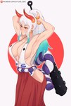 abs big_breasts blush bottomwear breasts cleavage clothed clothing club_(weapon) ear_piercing ear_ring eyelashes female green_hair grey_background hair hands_behind_head horn huge_breasts kanabō long_hair melee_weapon multicolored_hair muscular muscular_female orange_eyes piercing ponytail red_background red_bottomwear red_clothing red_horn ring_piercing simple_background smile solo tan_body tan_skin text thick_thighs topwear two_tone_hair weapon white_clothing white_hair white_topwear wide_hips lettuce_uwu asian_mythology east_asian_mythology japanese_mythology mythology one_piece yamato_(one_piece) demon horned_humanoid humanoid oni yokai hi_res url trans_(lore) trans_man_(lore)