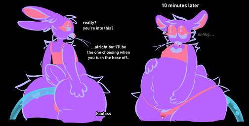 anthro arm_tuft belly big_belly big_butt big_eyes bodily_fluids body_hair bottom_heavy bulge butt butt_grab cheek_tuft clothing crop_top cross-eyed cum cum_drip cum_dripping_from_penis cum_in_clothing cum_in_underwear cum_through_clothing cum_through_underwear dialogue dripping ear_tuft erection eyelashes eyeliner facial_tuft fingers fluffy fluffy_tail fur genital_fluids genitals hand_on_belly hand_on_butt happy_trail heart_(marking) holding_belly hose hose_in_butt hose_inflation huge_belly hyper inflation leg_tuft lidded_eyes liquid_inflation makeup male markings navel nub_tail pansy_(haulass) penis precum purple_body purple_fur rear_view shirt short_tail shoulder_tuft simple_background skeptical solo standing tail talking_to_viewer tenting text thick_eyelashes thigh_tuft thong tongue tongue_out topwear tuft uncertain underwear water_inflation wet wet_clothing wet_underwear whiskers haulass lagomorph leporid mammal rabbit 2026 absurd_res colored digital_drawing_(artwork) digital_media_(artwork) english_text hi_res portrait three-quarter_portrait watermark