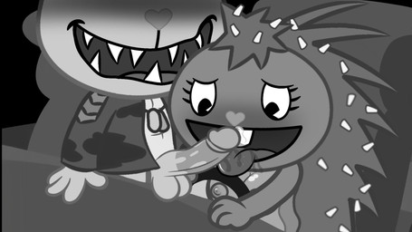 big_penis bodily_fluids breasts car dripping driving_car duo female genital_fluids genitals licking male male/female oral penile penis penis_lick precum precum_drip questionable_consent sex sharp_teeth teeth tongue vehicle axsian happy_tree_friends flaky_(htf) flippy_(htf) bear mammal porcupine rodent greyscale hi_res monochrome