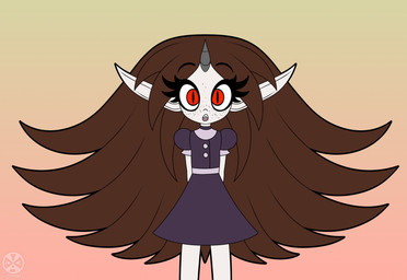 clothing confusion dress fangs female gradient_background hair lens_flare long_hair looking_at_viewer not_furry red_eyes simple_background slim solo standing surprised teeth thin_calves uniform young young_female young_humanoid vrabo lsd_(vrabo) humanoid vampire hi_res