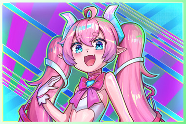 2_horns 5_fingers bangs bent_arm blue_background blue_eyes blue_horn blush border clothed clothed_female clothed_humanoid clothing colorful_background eyebrow_through_hair eyebrows eyelashes fangs female female_humanoid fingers flat_chested gloves green_border green_outline hair handwear horn humanoid_pointy_ears light long_hair not_furry outline pigtails pink_bow pink_eyebrows pink_hair pink_tongue pointy_ears simple_background small_nose smile smiling_at_viewer solo tan_body tan_skin teeth tongue topwear translucent translucent_hair white_clothing white_gloves white_handwear white_topwear gorgromed vtuber chibidoki horned_humanoid humanoid 2024 3:2 absurd_res colored digital_drawing_(artwork) digital_media_(artwork) half-length_portrait hi_res lighting portrait shaded