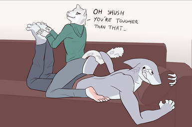 anthro belt bodily_fluids bottomwear clothed clothed_anthro clothed_male clothing countershade_torso countershading denim denim_bottomwear denim_clothing dialogue duo entwined_tails fin fully_clothed fully_clothed_anthro fully_clothed_male furgonomic_pants gills gripping_chair gripping_pillow head_fin hoodie jeans male male/male male_anthro multicolored_body muscular navel pants pecs pink_nose sharp_teeth tail tail_coil teardrop tears teeth text tickle_fetish tickling topless topless_anthro topless_male topwear two_tone_body joeyjazz fishfunk_(modeler) joey_(joeyjazz) tal_(sneptacular) aquatic felid fish mammal pantherine shark snow_leopard english_text hi_res
