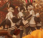 anthro autumn autumn_leaves band-aid bandage big_butt black_body black_fur black_hair butt butt_touch clothing food forest forest_background fruit fur group hair hand_on_butt high_tights legwear male nature nature_background panties plant pumpkin rear_view thigh_highs tree trio underwear white_body white_fur envivr canid canine canis domestic_dog lagomorph leporid mammal rabbit hi_res