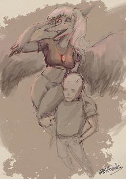 abstract_background amber_(gem) amber_(material) anthro bald bone_frill bottomwear canon_couple carrying_another clothed clothed_anthro clothed_female clothed_human clothed_male clothing crop_top duo elbow_feathers feathered_wings feathers female frill_(anatomy) front_view hair happy high-angle_view human_on_anthro interspecies jewelry long_hair male male/female midriff necklace one_eye_closed open_mouth open_smile orange_eyes pants romantic romantic_couple shirt sitting_on_shoulder smile text topwear wings eddodoodle cavemanon_studios goodbye_volcano_high ko_op_(game_developer) snoot_game anon_(snoot_game) fang_(gvh) human mammal prehistoric_species pterosaur reptile scalie absurd_res artist_name hi_res restricted_palette shaded sketch warm_colors