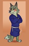 anthro asian_clothing blush blush_lines bulge clothed clothing crossed_arms east_asian_clothing elderly elderly_male erection erection_under_clothing eyes_closed fur green_body green_fur japanese_clothing kimono male motion_lines smile solo tenting fenecoou animal_crossing nintendo dobie_(animal_crossing) canid canine canis mammal wolf absurd_res hi_res