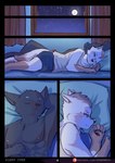 anthro bed blush canid canine canis clothed clothing comic comic_panel digital_drawing_(artwork) digital_media_(artwork) domestic_cat domestic_dog duo english_text eyes_closed felid feline felis fur furniture hair hi_res inside lying lying_on_bed male mammal moon night nipples on_back on_bed on_side open_mouth partially_clothed patreon patreon_logo pecs pillow shaded shirt sleeping sleeping_together stampmats tail tank_top text topwear url