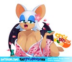 anthro asian_clothing big_breasts breasts cherry_blossom cleavage clothed clothing east_asian_clothing female flower japanese_clothing kimono lying on_side open_mouth plant prunus_(flower) sake_bottle sake_dish solo text spicyredfox sega sonic_the_hedgehog_(series) rouge_the_bat 2023 url