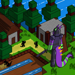 ambiguous_gender anthro berry_shrub building fur gesture grass male netherite_armor netherite_sword plant purple_body silhouette solo tail tail_spines tail_tuft tree tuft water waving wheat techysmile1358 microsoft minecraft mojang mythology xbox_game_studios augmented_thunder creeper_(minecraft) cyborg_dragon dragon furred_dragon furred_scalie mythological_creature mythological_scalie scalie 1:1 digital_drawing_(artwork) digital_media_(artwork) shaded simple_shading