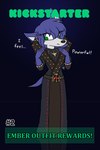 anthro black_clothing black_dress blue_body blue_ears blue_fur blue_tail clothed clothing dialogue dress female fur green_eyes green_text multicolored_body solo tail text white_body white_fur w0lfmare bloodline_(webcomic) kickstarter ember_(bloodline) canid canine canis mammal wolf 2024 2:3 english_text hi_res