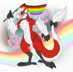 ambiguous_gender anthro arm_feathers avian avian_feet bird_legs blep bow_tie claws dragon dragonnom feather_markings feather_tuft feathers fezateru_dragon flag flag_(object) hair hi_res holding_flag holding_object hybrid leg_markings lgbt_pride lgbt_pride_month markings mythological_creature mythological_scalie mythology philadelphia_rainbow_pride_colors pride_color_flag pride_colors rainbow_flag rainbow_pride_colors rainbow_pride_flag rainbow_symbol raised_tail red_body red_eyes red_feathers scalie six-stripe_rainbow_pride_colors smile solo spots standing tail tail_feathers tail_tuft tongue tongue_out tuft white_hair