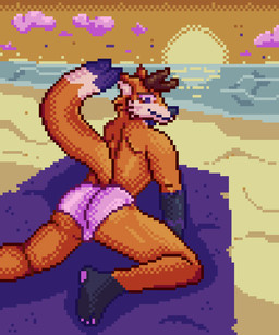 anthro beach beach_towel bow_tie brown_hair bubble_butt bulge butt clothing detailed_background eyeshadow femboy feminine fur grey_body grey_fur hair looking_at_viewer lying makeup male on_front orange_body orange_fur outside pink_clothing pink_speedo pink_swimwear public purple_body purple_bow_tie purple_eyes purple_fur raised_tail rear_view skinny solo speedo sunset swimwear tail towel white_body white_fur akadthefox akad_(akadthefox) canid canine fox mammal 5:6 nonbinary_(lore)