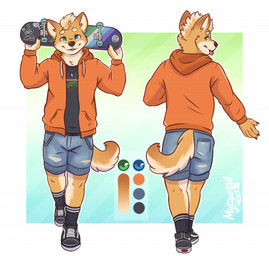 anthro black_clothing black_shirt black_t-shirt black_topwear blonde_hair blue_background blue_eyes bottomwear brown_nose clothed clothed_anthro clothing denim denim_bottomwear denim_clothing denim_shorts footwear fur gender_symbol gradient_background green_eyes hair heterochromia holding_skateboard hoodie jewelry lgbt_pride logo male male/male_symbol male_symbol necklace orange_body orange_clothing orange_fur orange_hoodie orange_topwear peace_symbol plantigrade pride_colors print_clothing print_shirt print_t-shirt print_topwear sexuality_symbol shirt shoes shorts simple_background skateboard sneakers socks solo standing sticker symbol t-shirt tan_body tan_fur tongue tongue_out topwear transgender_pride_colors vehicle vincian_pride_colors mytigertail dc_shoes teenage_mutant_ninja_turtles vans_(brand) finn_the_skaterboy canid canine canis domestic_dog mammal shiba_inu spitz 2025 cel_shading digital_media_(artwork) full-length_portrait hi_res model_sheet portrait shaded signature
