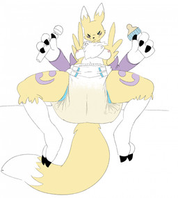 abdl ageplay anthro big_diaper black_claws black_sclera blue_eyes bodily_fluids bottle breasts chest_tuft claws clothed clothing container diaper dipstick_ears ear_markings facial_markings female female_anthro finger_claws front_view fur genital_fluids head_markings holding_bottle holding_container holding_object infantilism leg_markings markings mouth_closed multicolored_ears navel nipples purple_markings roleplay solo toe_claws topless tuft unclean_diaper urine used_diaper wearing_diaper wet_diaper white_body white_diaper white_fur yellow_body yellow_fur hardscales bandai_namco digimon digimon_(species) renamon hi_res