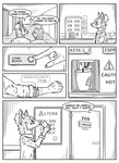 absurd_res ambiguous_gender anthro beverage black_and_white canid canine clothed clothing coffee coffee_machine comic container cup dialogue domestic_ferret door drinking english_text fox group hi_res inner_ear_fluff jeff_(kifyun2) kif_yppreah kifyun2 male mammal monochrome mustelid musteline poster simple_background speech_bubble text trio true_musteline tuft weasel